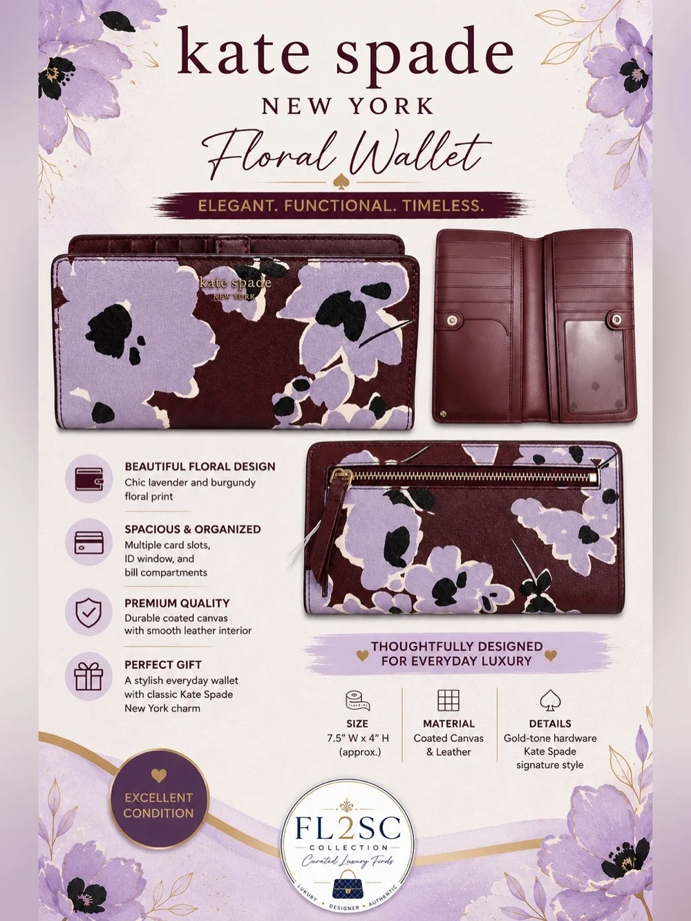 kate spade Floral Wallet in Lavender and Burgundy Garden Print
